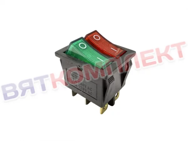 Двойной выключатель клавишный KCD3 ON-OFF с подсветкой красный/зеленый  250В 15А (6с) 