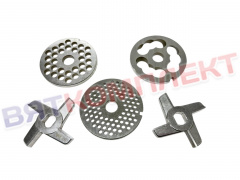 Набор (комплект) решеток и ножей для мясорубки МИМ-300(М;350), ММ(УКМ), МЭП-300(Н;Н-01) БЕЗ БУРТА